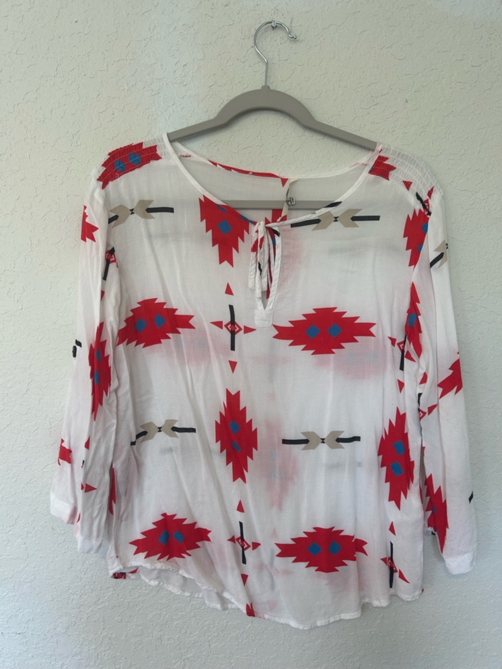 Boho Southwestern Print Blouse, Sheer Lightweight, 3/4 Sleeve Tie Neck Tribal